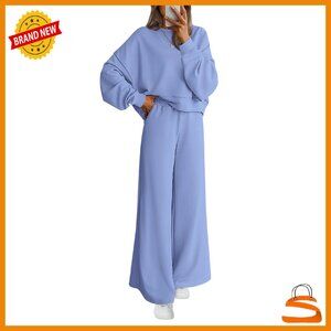 Cozy Cotton-Polyester Sweatsuit Set Crewneck Sweatshirt Wide Leg Pants